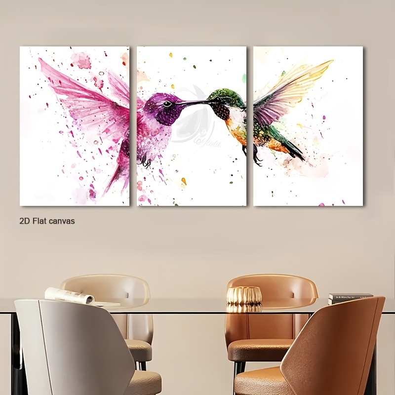 Canvas Wrap Ready - Rahmenloses Leinwandbild, 3-teilig, Aquarell-Kolibri-Wandkunst, gerahmt -